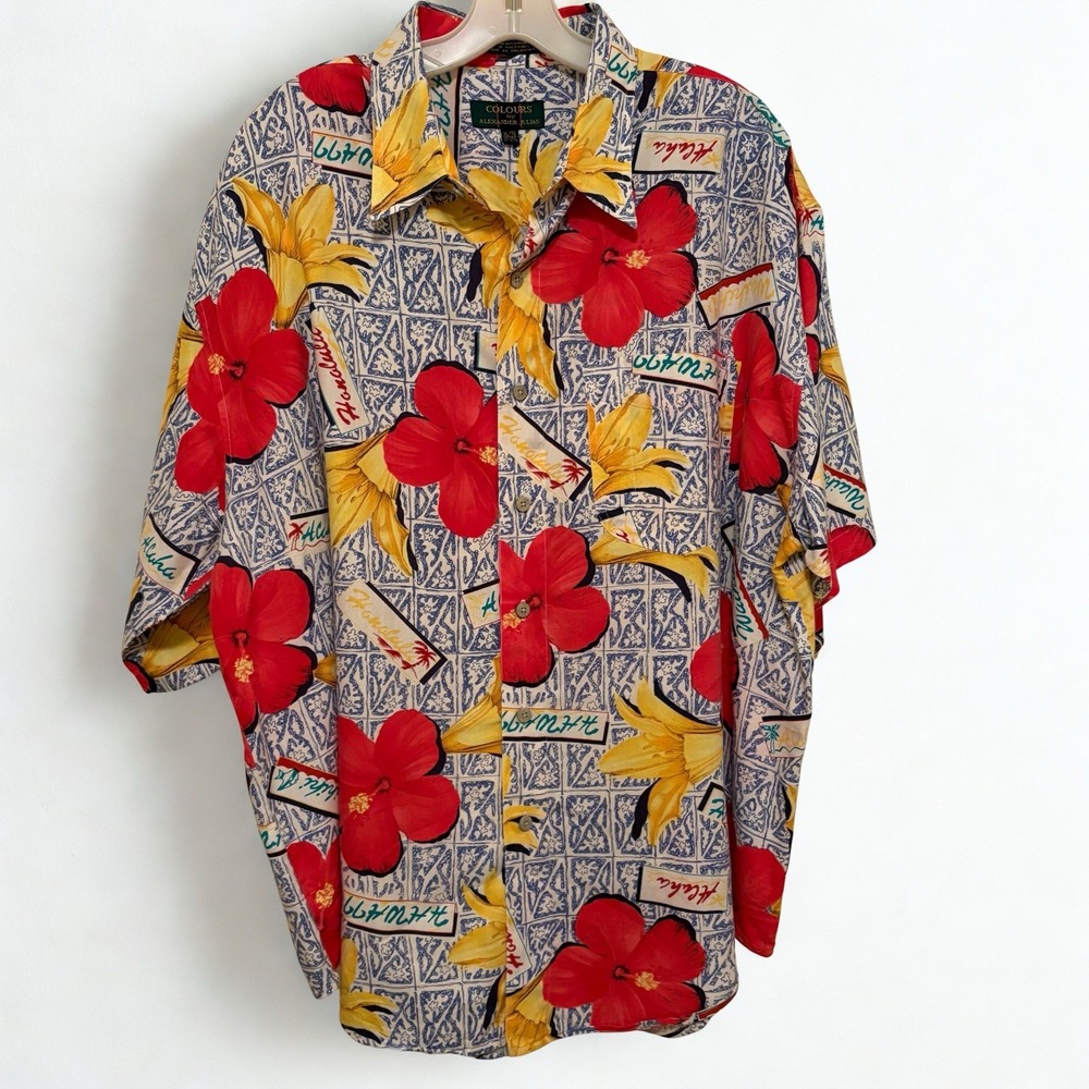Vintage 90s Alexander Julian Colours Floral Hawaiian Shirt Men XL Button Up - Picture 5 of 11